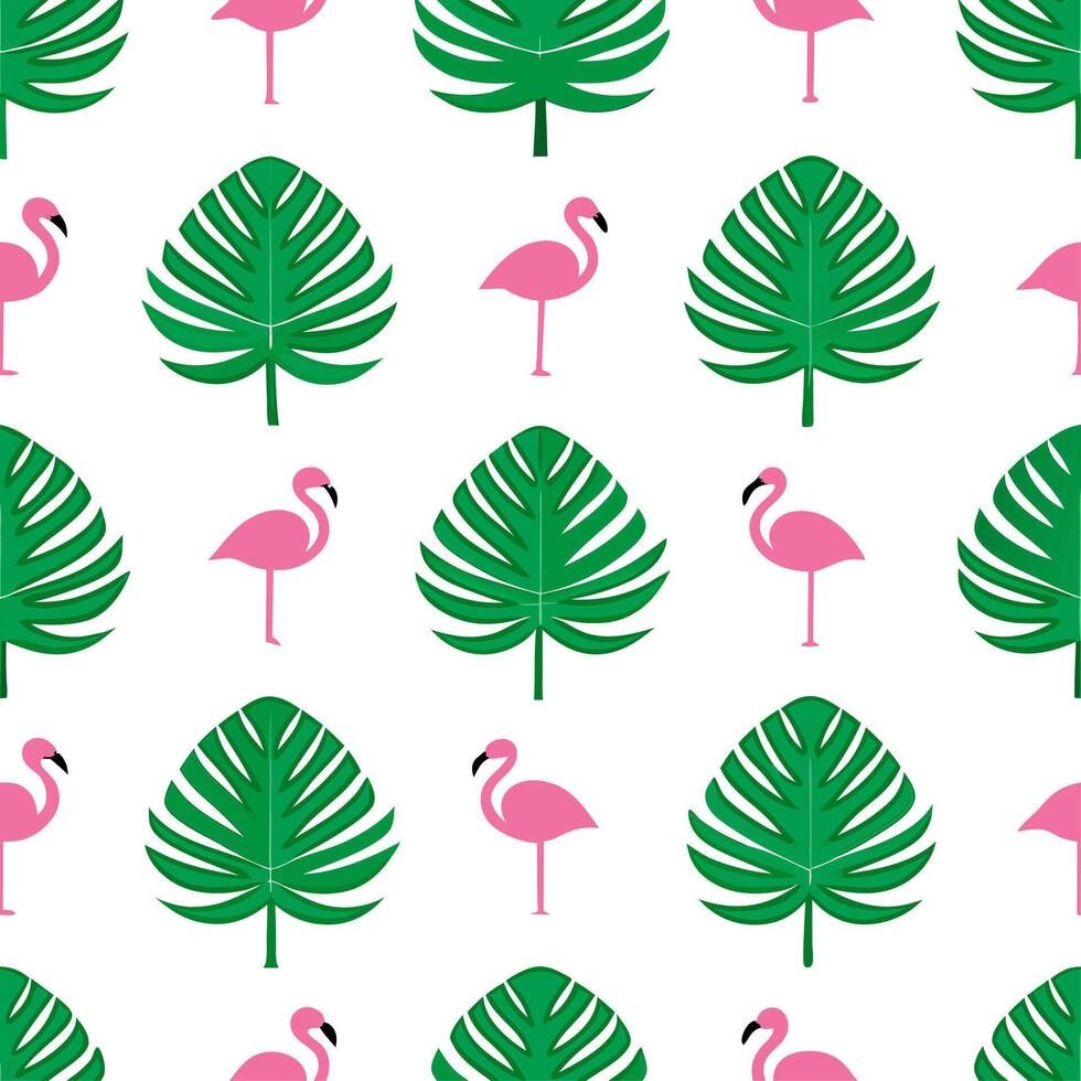 Refreshing summer seamless pattern with tropical palm leaves and flamingos for to lively tropical vibe vector