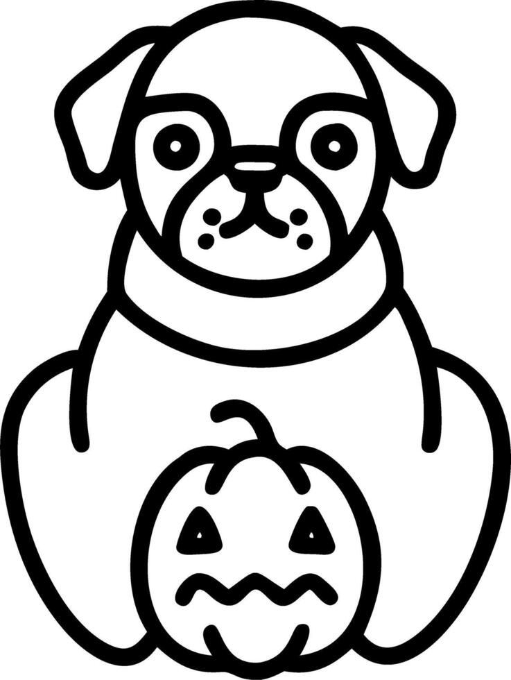 Pug in pumpkin costume with carved pumpkins in background cute Halloween dog festive pet portrait vector