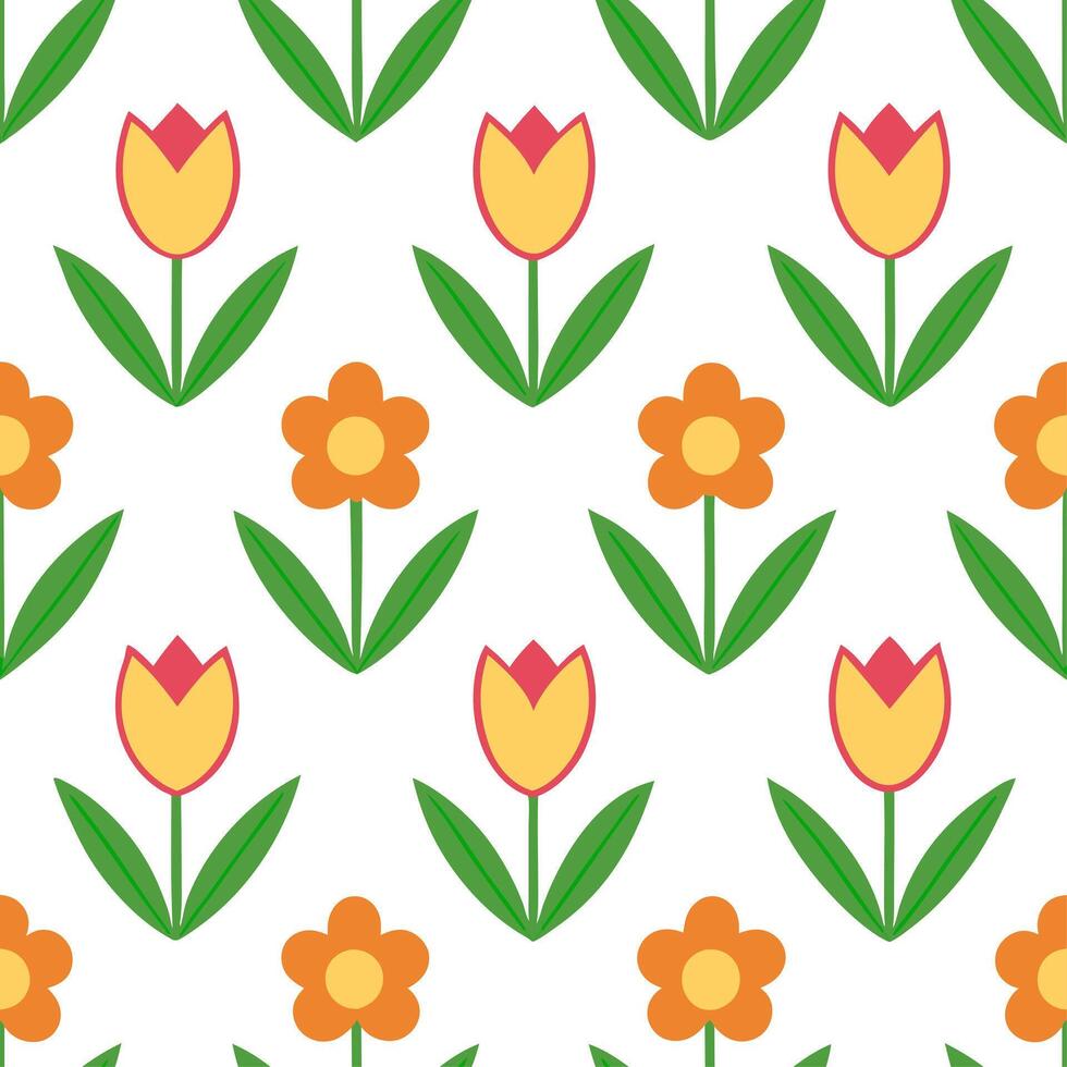 Playful spring garden seamless pattern with tulips and buttercups for vibrant home gardens vector