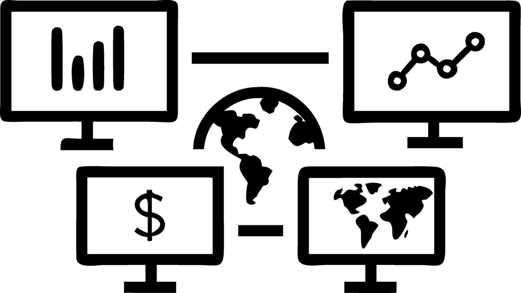 Multiple screens displaying financial data stock market charts and global maps in to dark modern control room setting vector