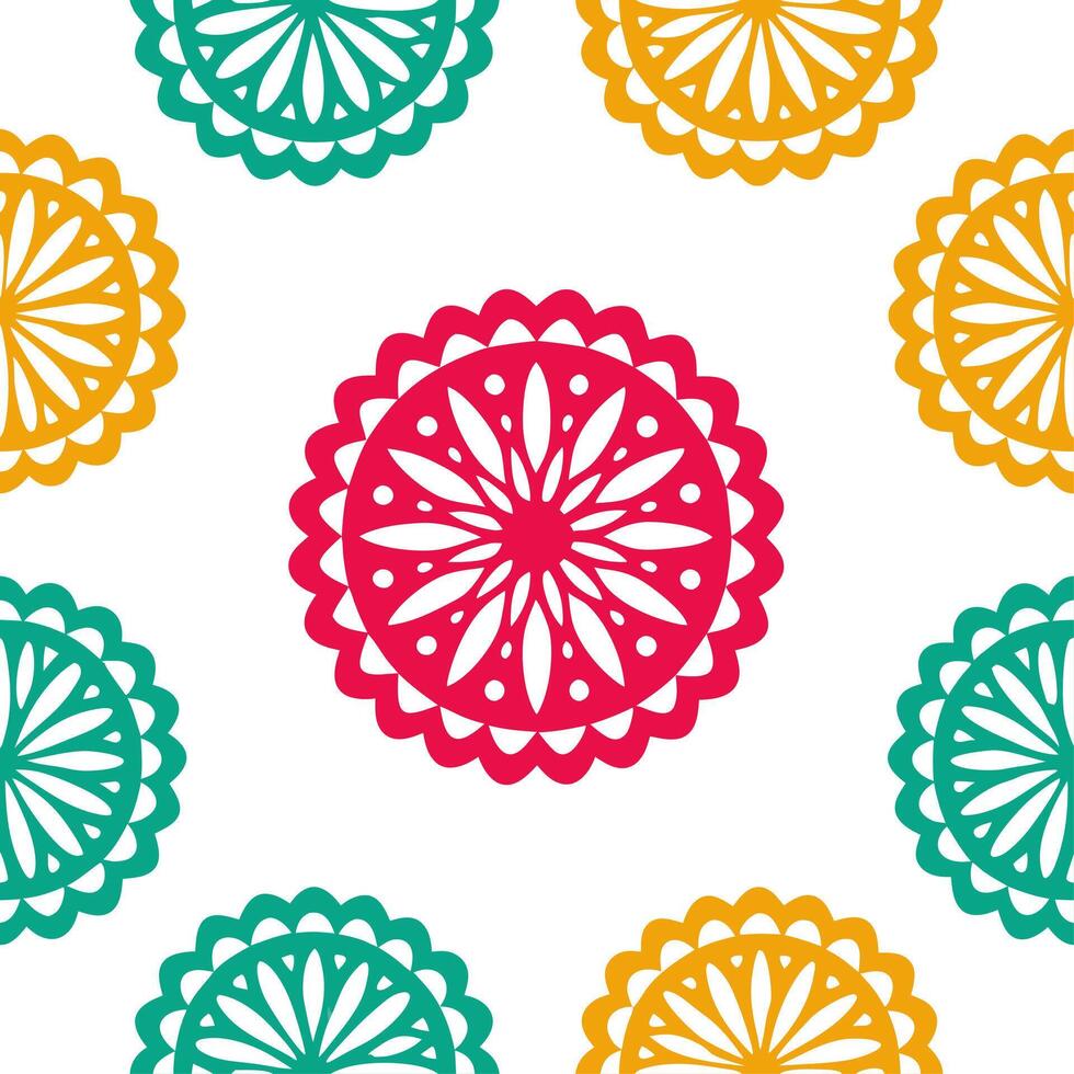 Mexican vibrant papel picado seamless tile pattern with bright colors and intricate cut out designs for festive decor vector