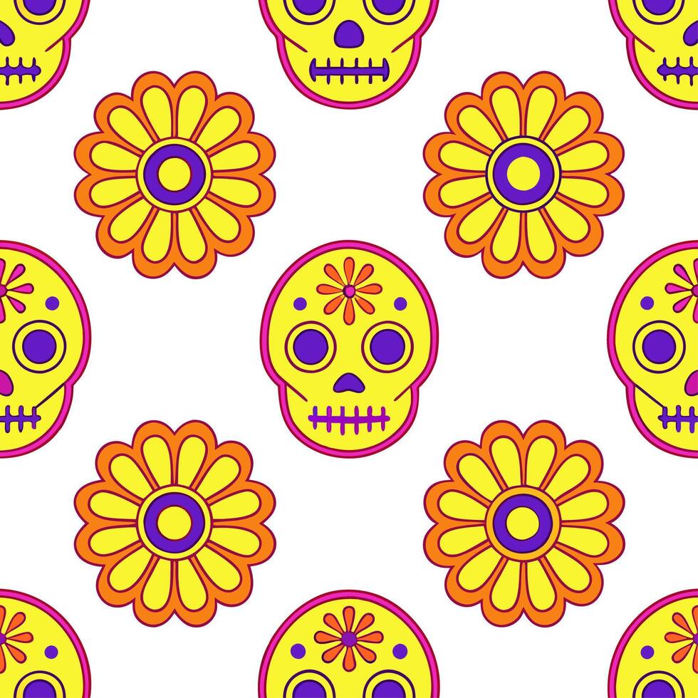 Mexican Day of the Dead skulls and marigolds seamless tile pattern with bright colors and intricate details for festive decor vector