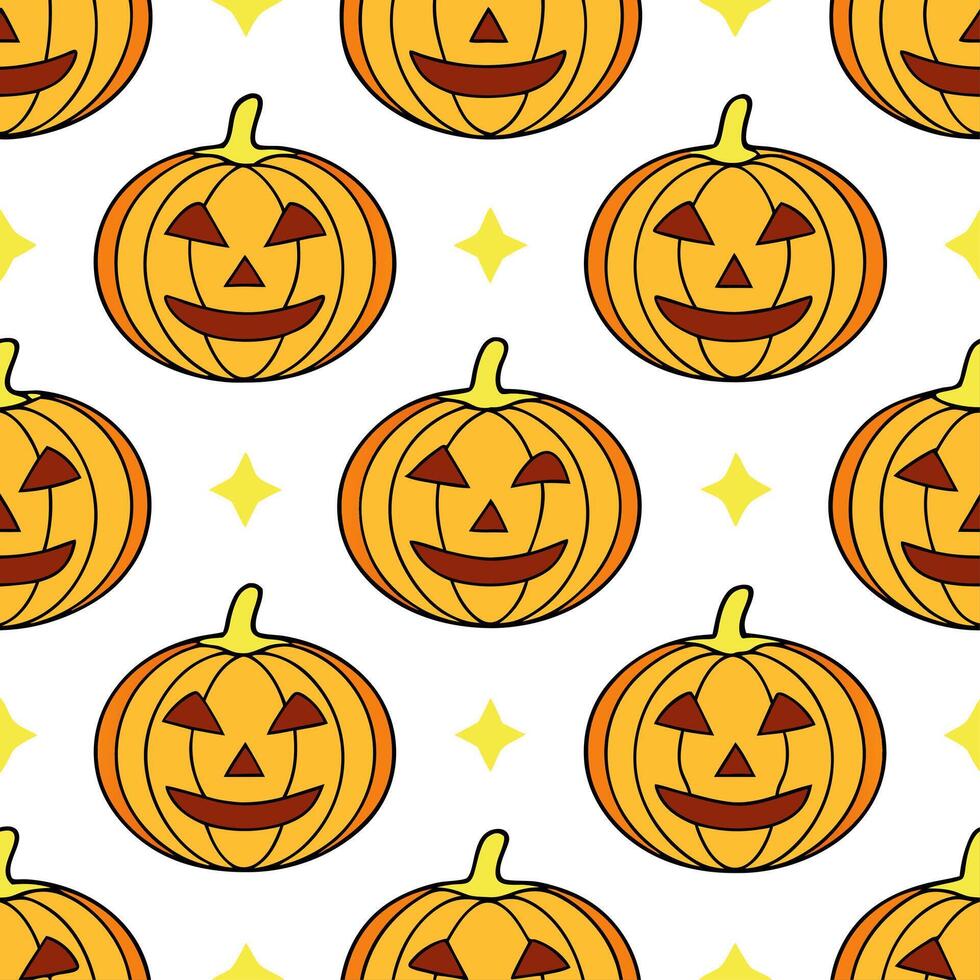 Jack to lanterns and witches seamless tile pattern with vibrant orange and magical elements for enchanting Halloween decor vector