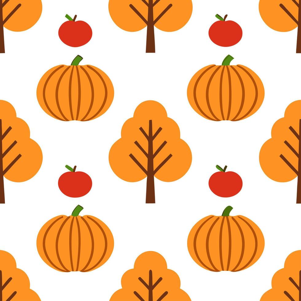 Harvest autumn trees seamless tile pattern with apple orchards and pumpkin vines for festive fall decor vector