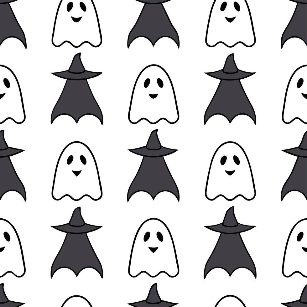 Ghosts and witches seamless tile pattern with spooky elements and dark hues for eerie Halloween decor vector