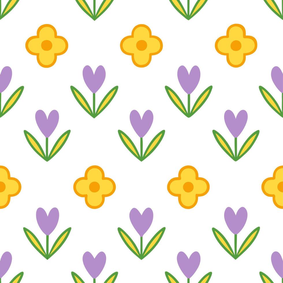 Fresh spring flower seamless pattern with crocuses and primroses for uplifting spaces vector