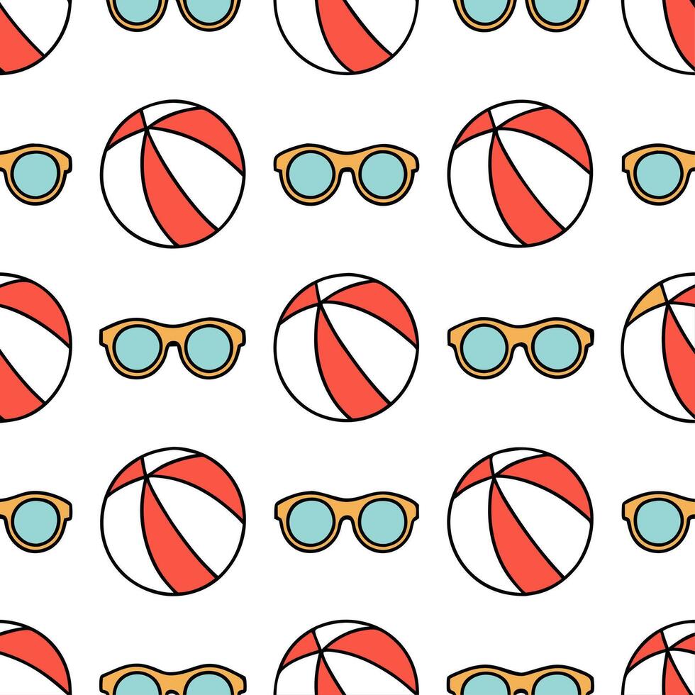 Fun and playful summer seamless pattern with beach balls and sunglasses for energetic outdoor spaces vector