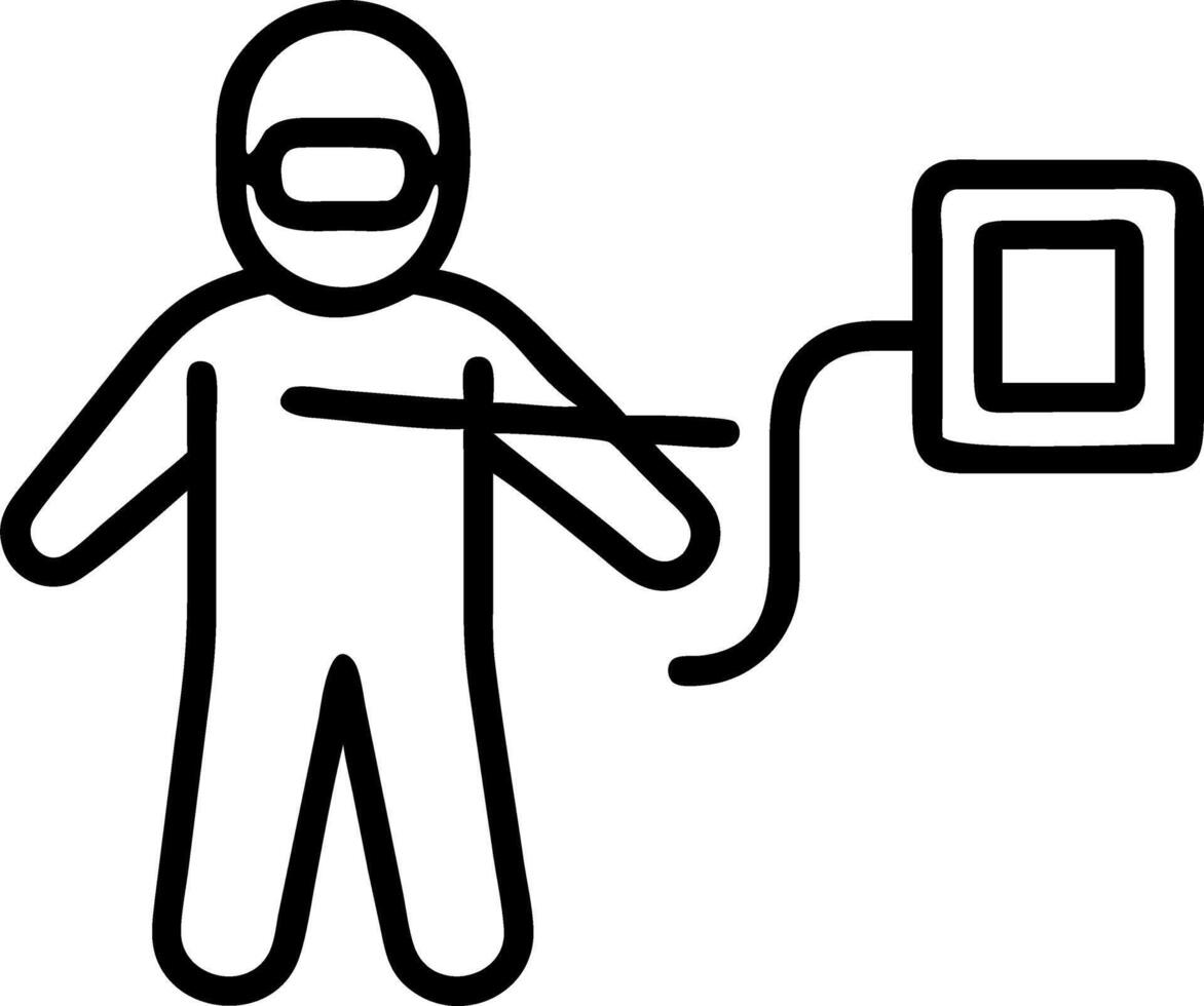 Documentary style photo of person in white air conditioned suit with large square hot coil attached appearing humorous in urban setting vector