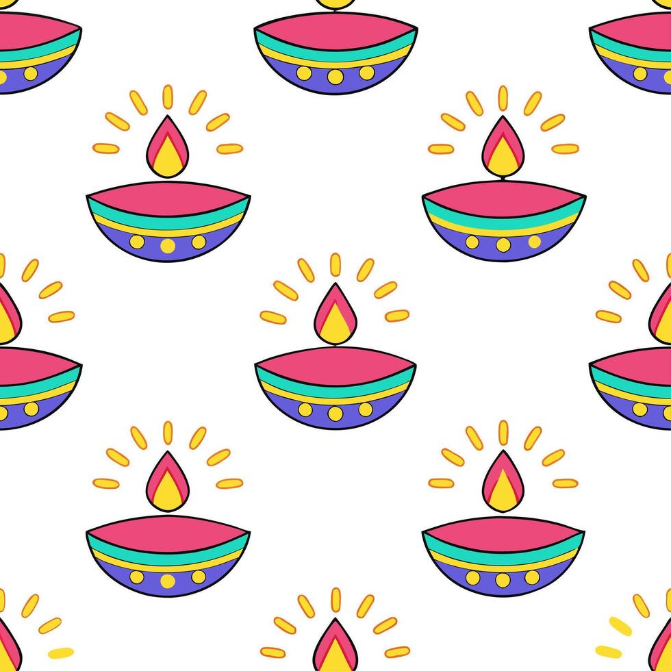Diwali lamps seamless tile pattern with colorful diyas and vibrant lights for festive home decor vector