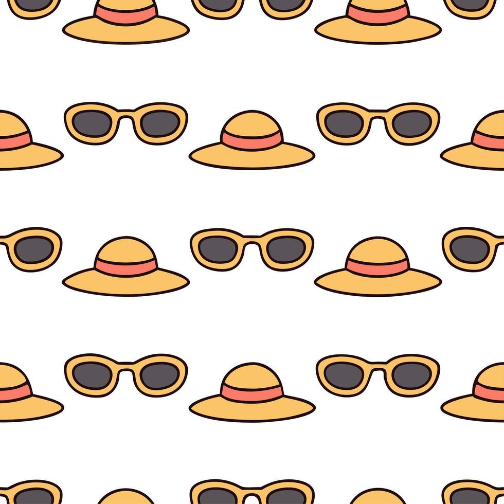 Cool summer seamless tile pattern with sunglasses and beach hats for stylish vacation spots vector