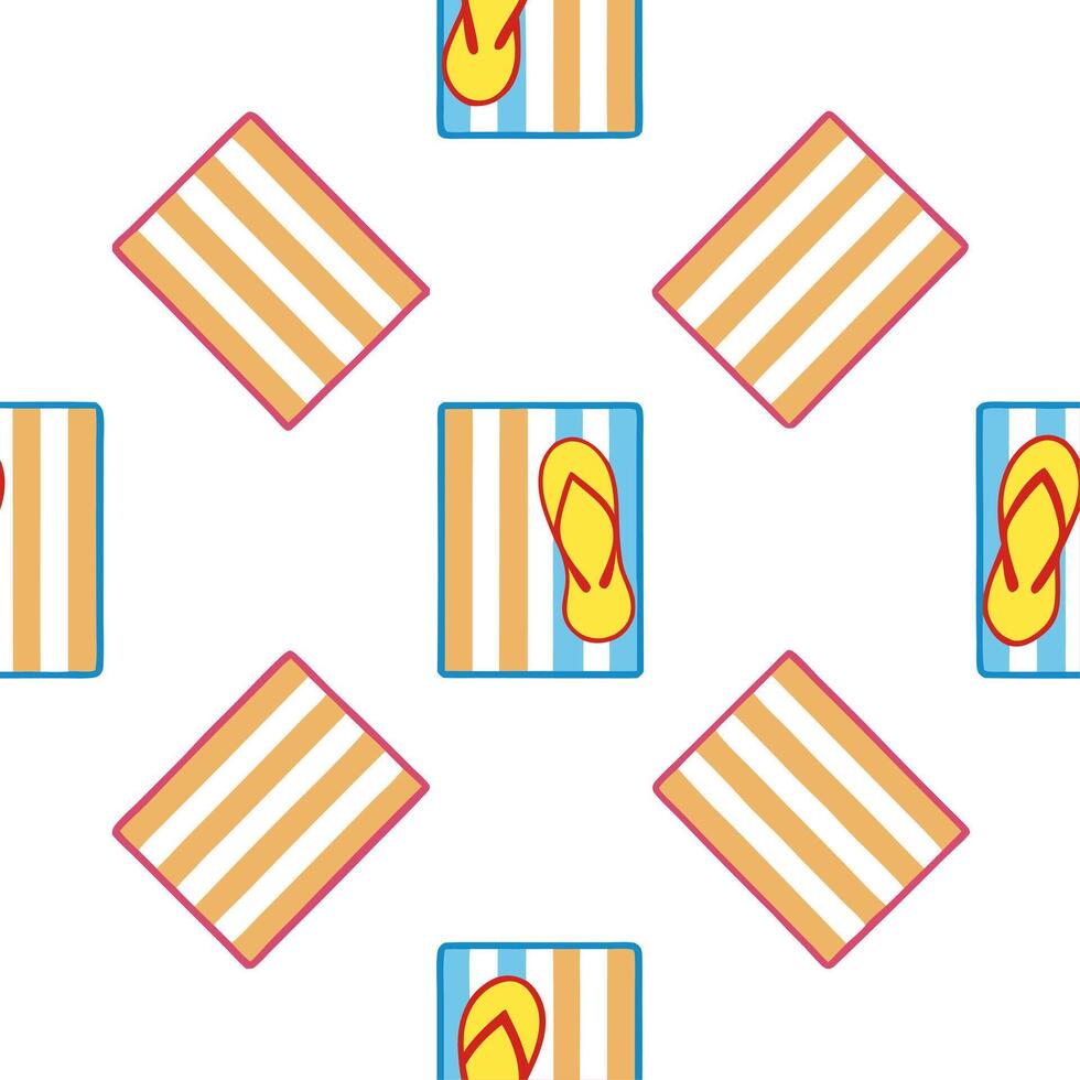 Classic summer seamless pattern with striped beach towels and flip flops for relaxed beach vibes vector