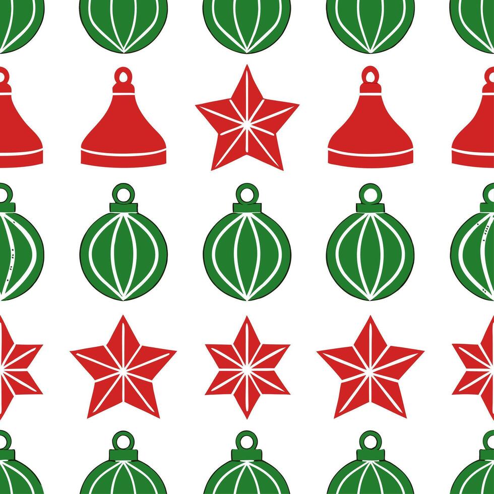Christmas ornaments seamless tile pattern with festive red and green decorations for holiday decor vector