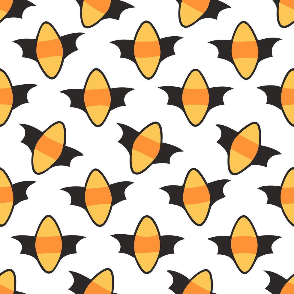 Candy corn and bats seamless tile pattern with bright colors and spooky elements for playful Halloween decor vector