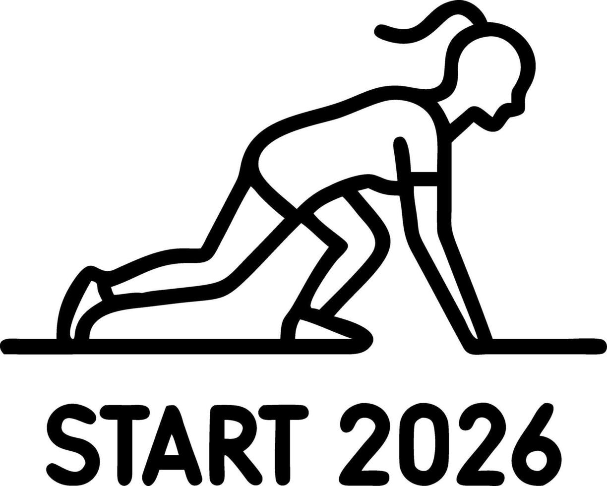 Athlete woman preparing to run on athletics track at sunset with Start 2026 written representing New Year resolutions challenges changes health planning and success goals concept a vector