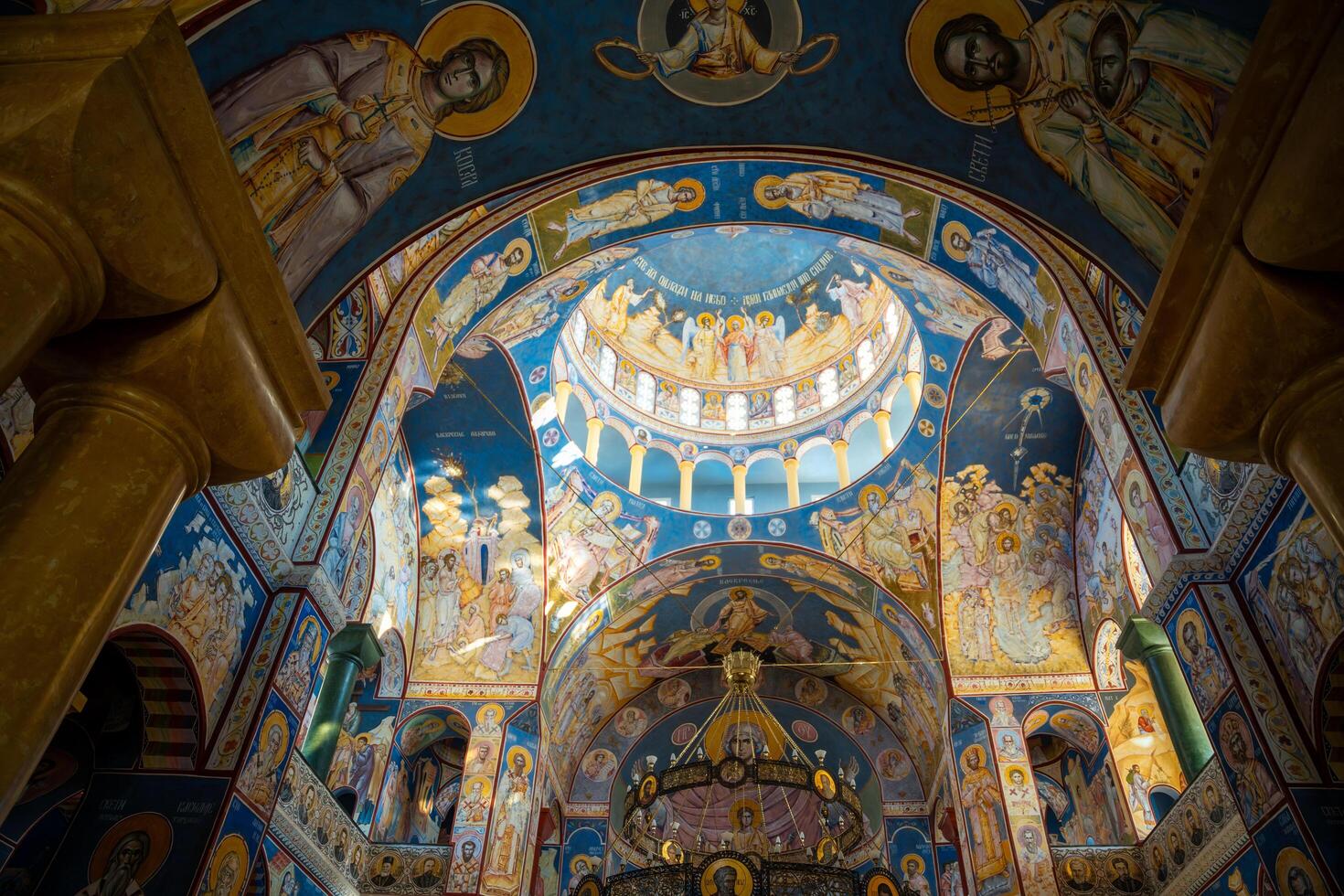 Bar, Montenegro - January 5, 2025. Interior ceiling of Orthodox Cathedral Church of St. Jovan Vladimir with frescoes in blue and gold colors in Bar, Montenegro. High quality photo