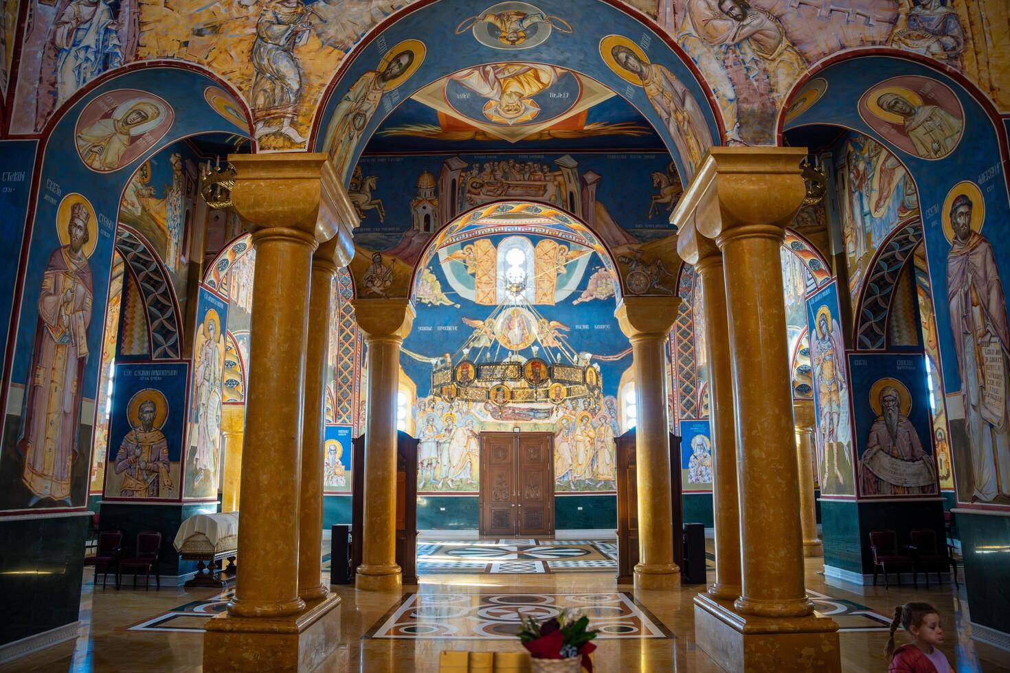 Bar, Montenegro - January 5, 2025. Interior of Orthodox Cathedral Church of St. Jovan Vladimir with frescoes in blue and gold colors in Bar, Montenegro. High quality photo