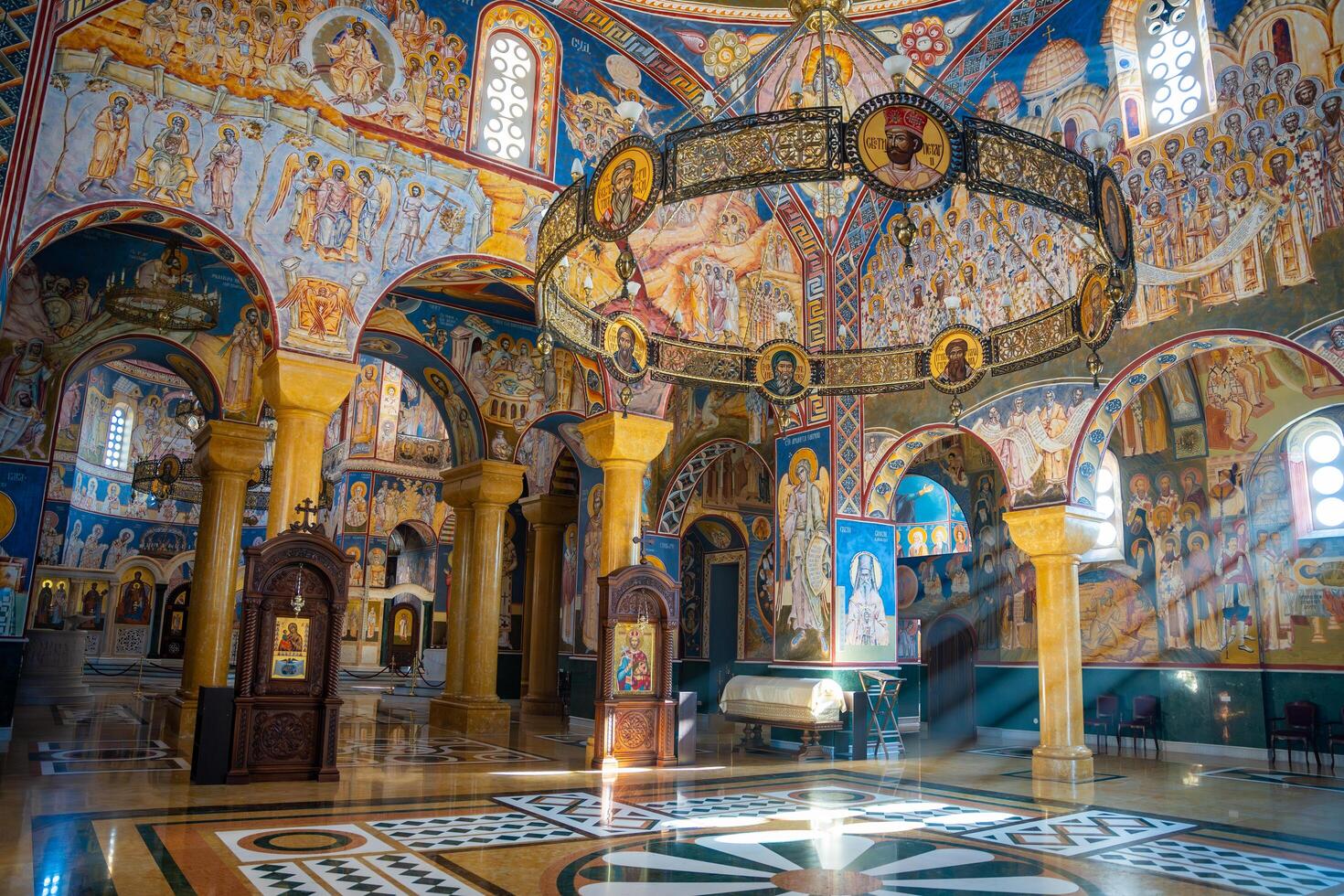 Bar, Montenegro - January 5, 2025. Interior of Orthodox Cathedral Church of St. Jovan Vladimir with frescoes in blue and gold colors in Bar, Montenegro. High quality photo