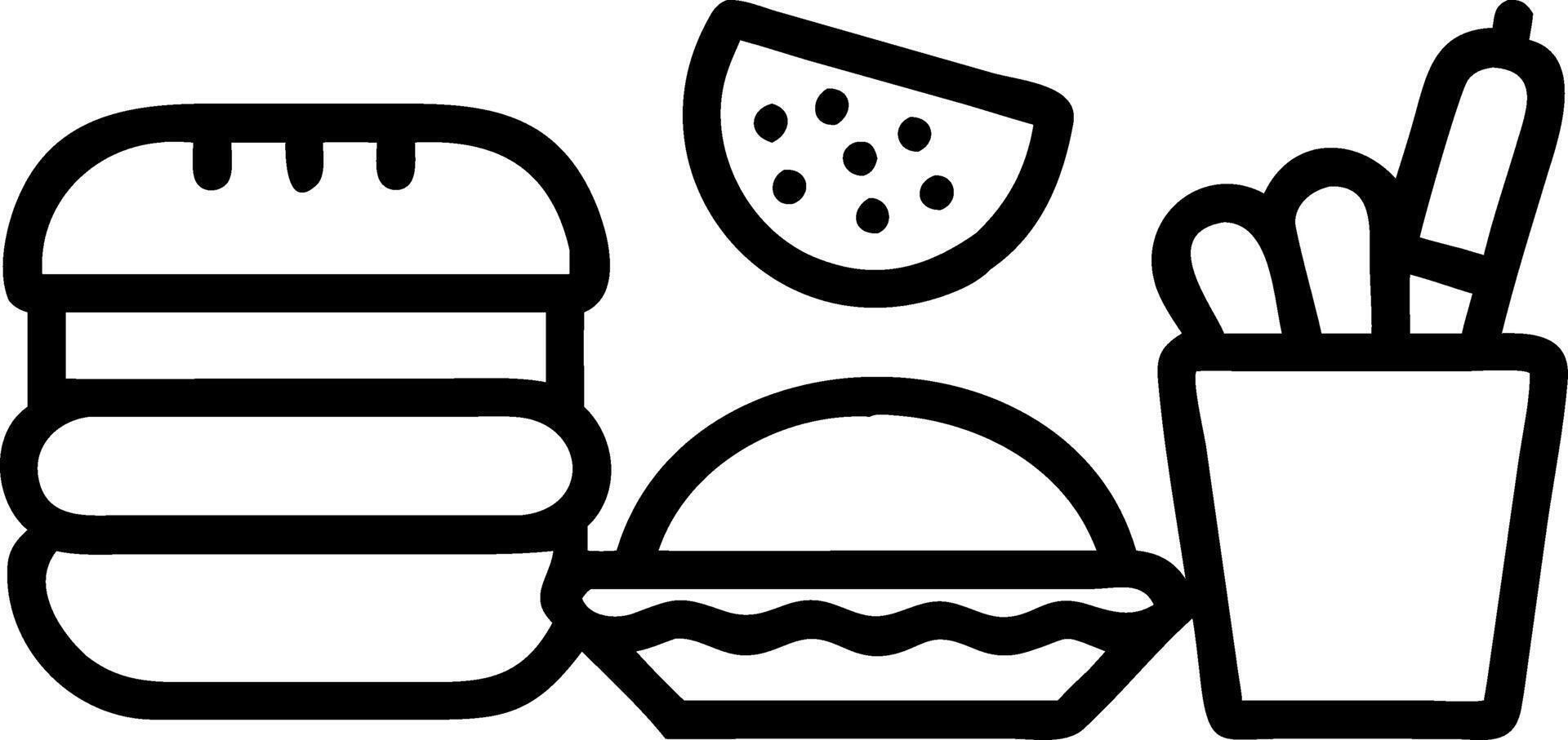 A colorful assortment of fast food items including burgers fries candies and snacks displayed attractively on various plates and containers Set 2 vector