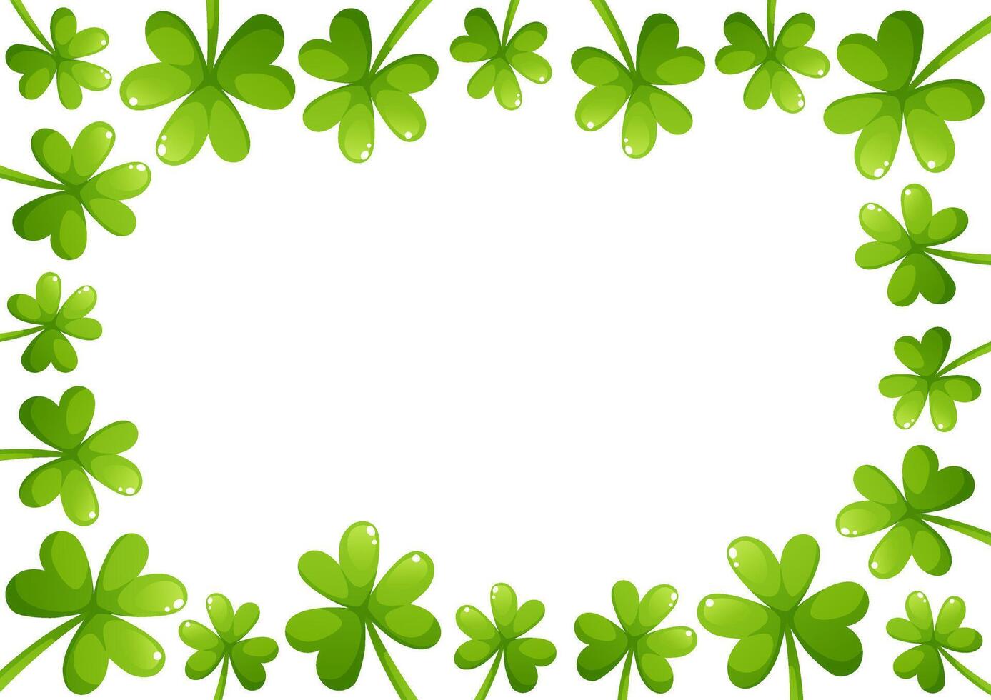 frame of clovers and shamrocks for St. Patrick's Day, with space for text on white background. Green leaves, rectangular horizontal frame. vector