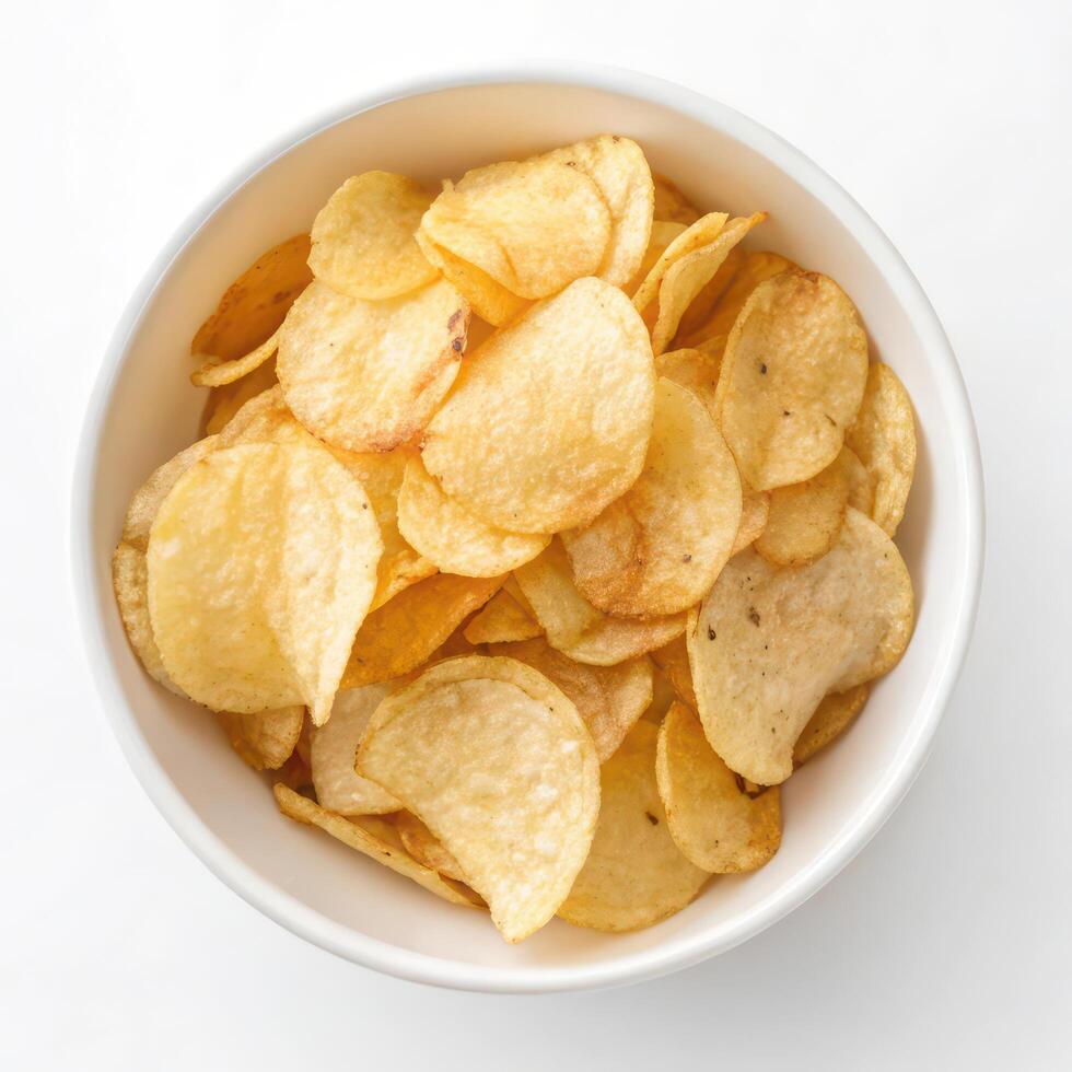 Top View of Crispy Potato Chips in a Bowl on a White Background photo