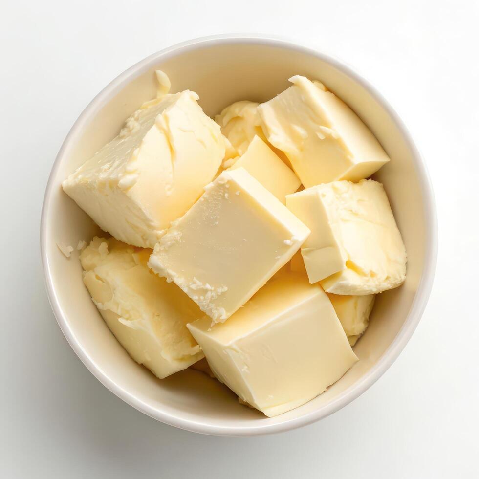 Top View of Butter Cubes in a Bowl on a White Background photo