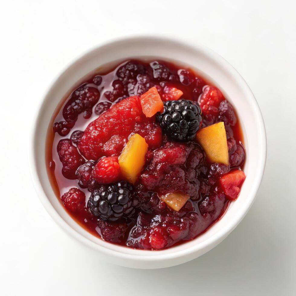 Top View of Mixed Berry Compote in a Bowl photo