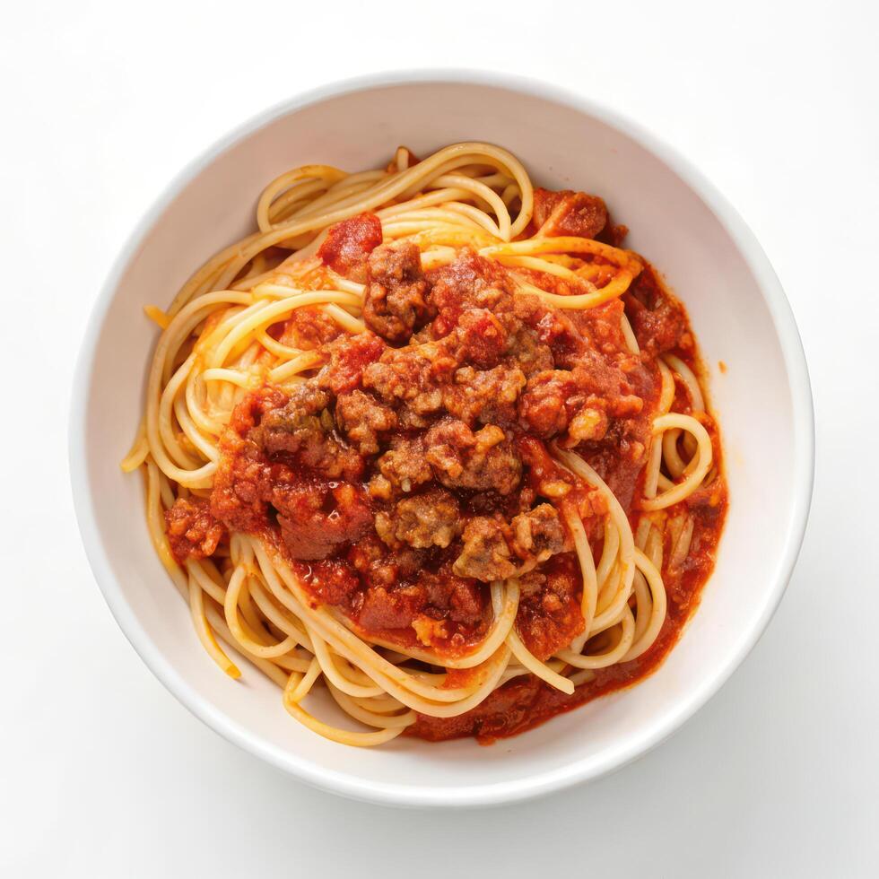 Top View of Spaghetti with Meat Sauce in a Bowl on a White Background photo