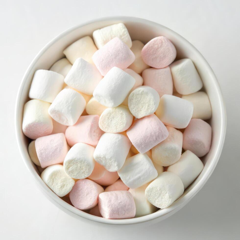 Top View of Colorful Mini Marshmallows in a Bowl photo