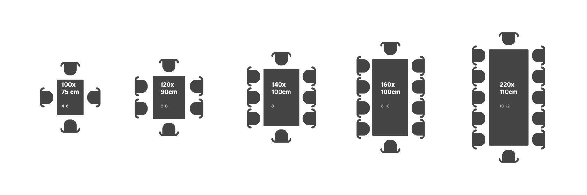 Table Seating Arrangement Icons for an Event. Size table inforgraphic vector