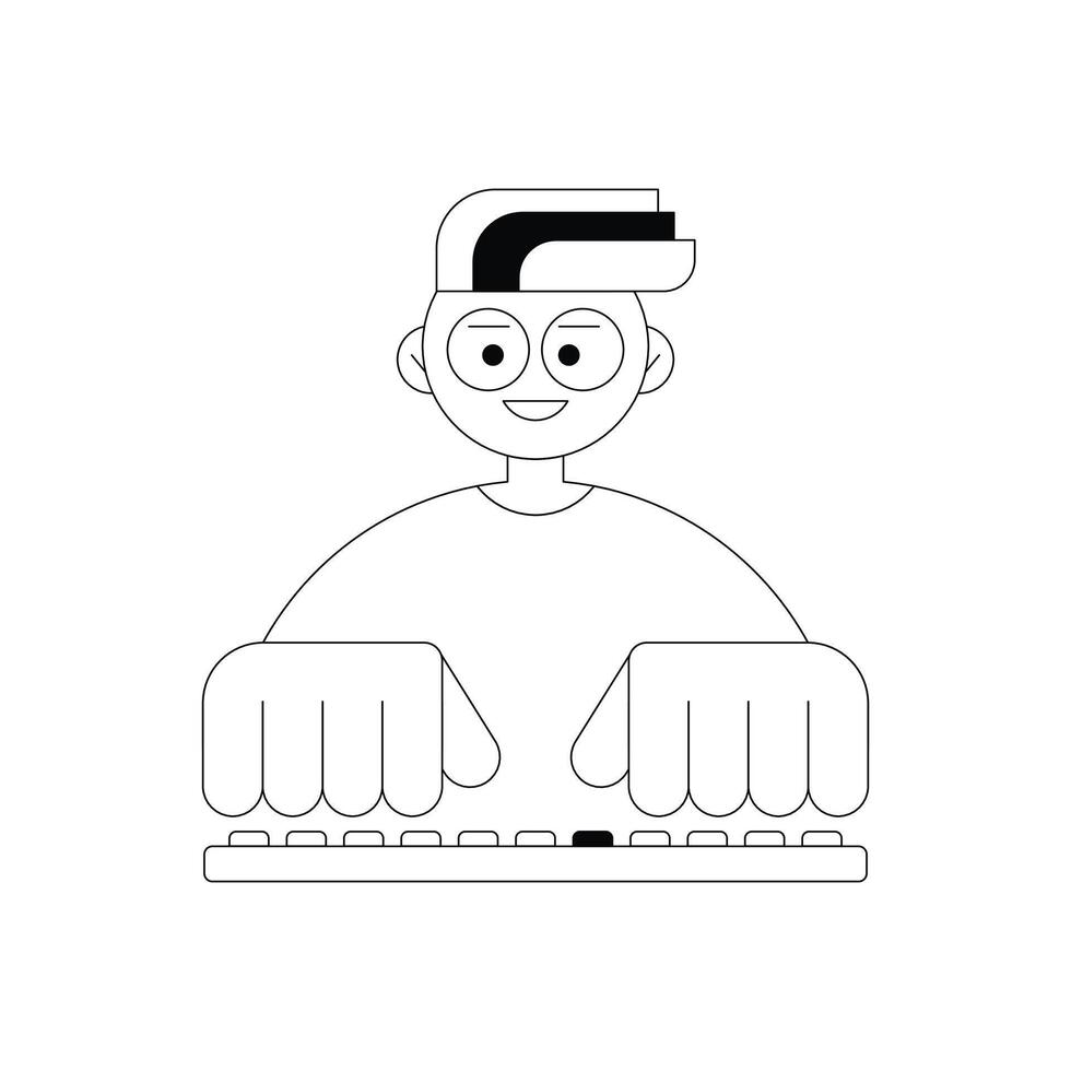 Boy programmer freelancer working and coding. Student character line illustration vector