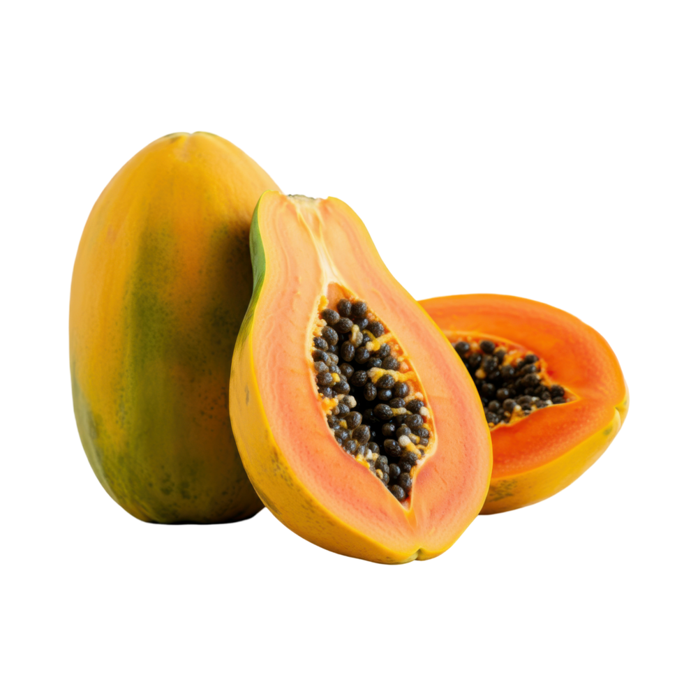 Juicy ripe half papaya slice with smooth texture and vibrant orange color, ideal for promoting tropical fruits in healthy lifestyle photography png