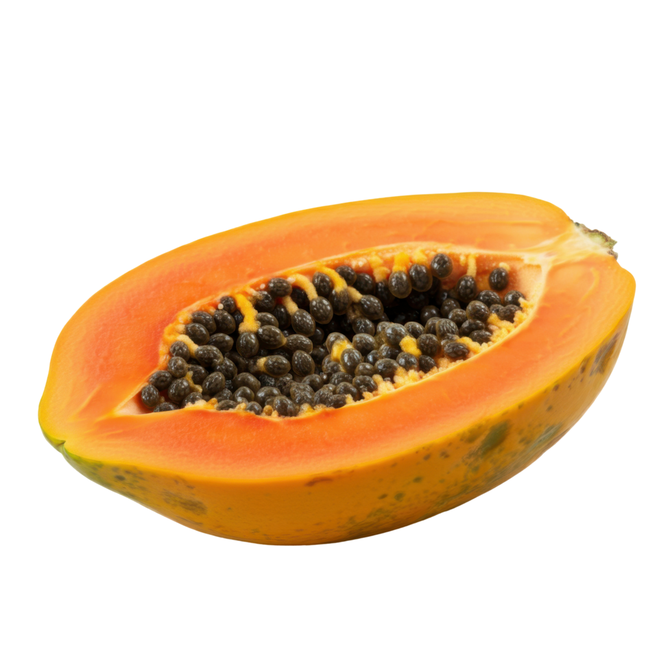Bright, ripe papaya half slice featuring juicy pulp and smooth orange texture, perfect for tropical fruit and fresh healthy photography png