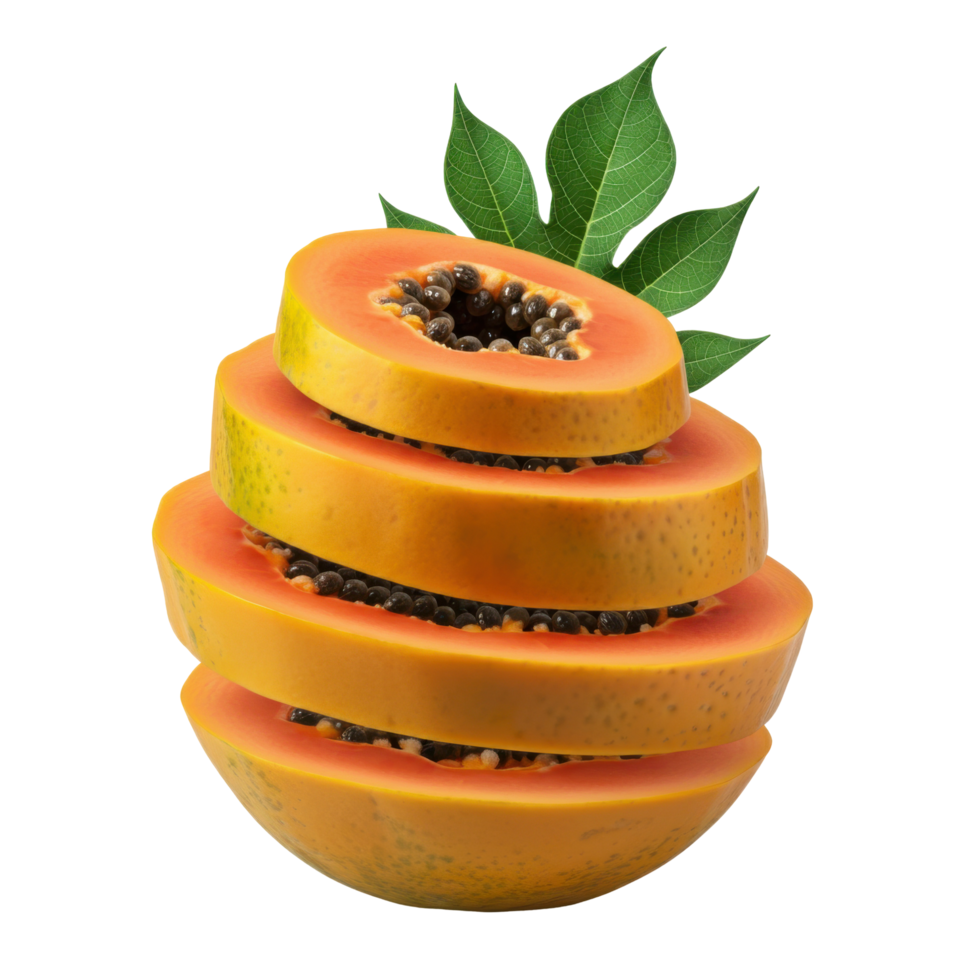 Ripe papaya enhanced by vibrant green leaves, showcasing its natural sweetness and health benefits in a tropical environment png