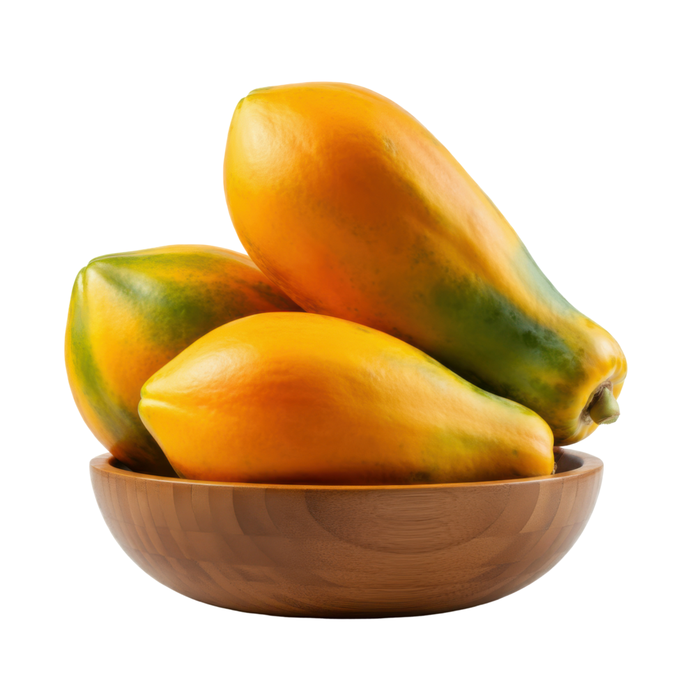 Overflowing whole ripe papaya in a bowl with colorful vibrant pulp and seeds, emphasizing the healthy, tropical abundance png