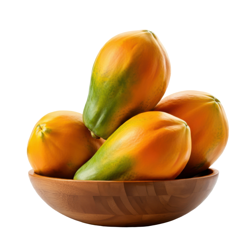 Whole ripe papaya spilling from a bowl with vibrant golden pulp and seeds, evoking a refreshing tropical flavor with a focus on health benefits png