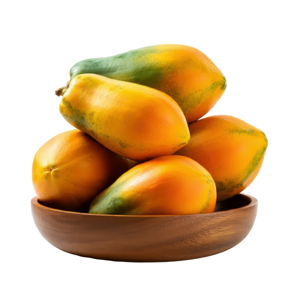 Ripe Whole Papaya overflowing on bowl in transparent background png