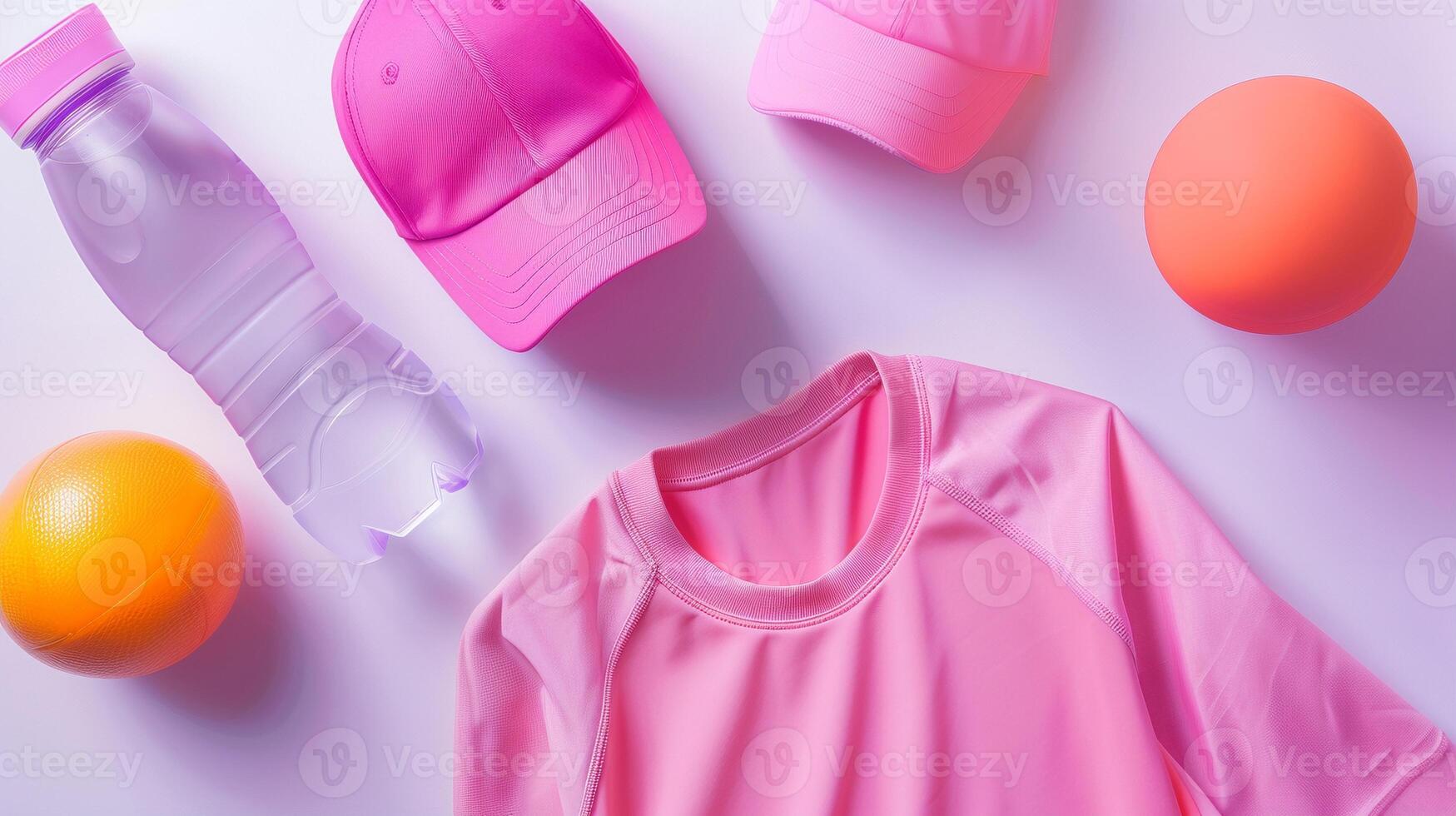 Women shirt, caps and water bottle top view image, . Feminine athletic equipment arrangement photography scene wallpaper. Pink accessories for fitness concept photorealistic photo