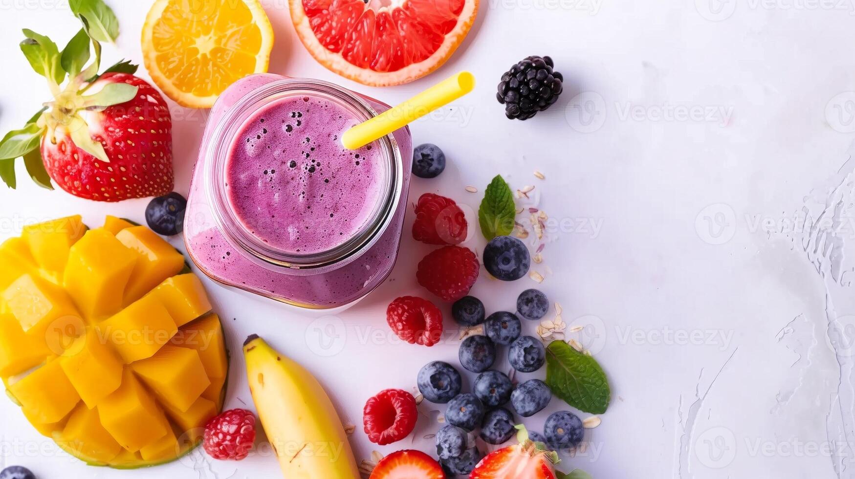Delicious smoothie of fruits and berries image copy space, . Fresh sweet beverage and organic ingredients top view banner background blurred. Wellbeing concept photography copyspace photo