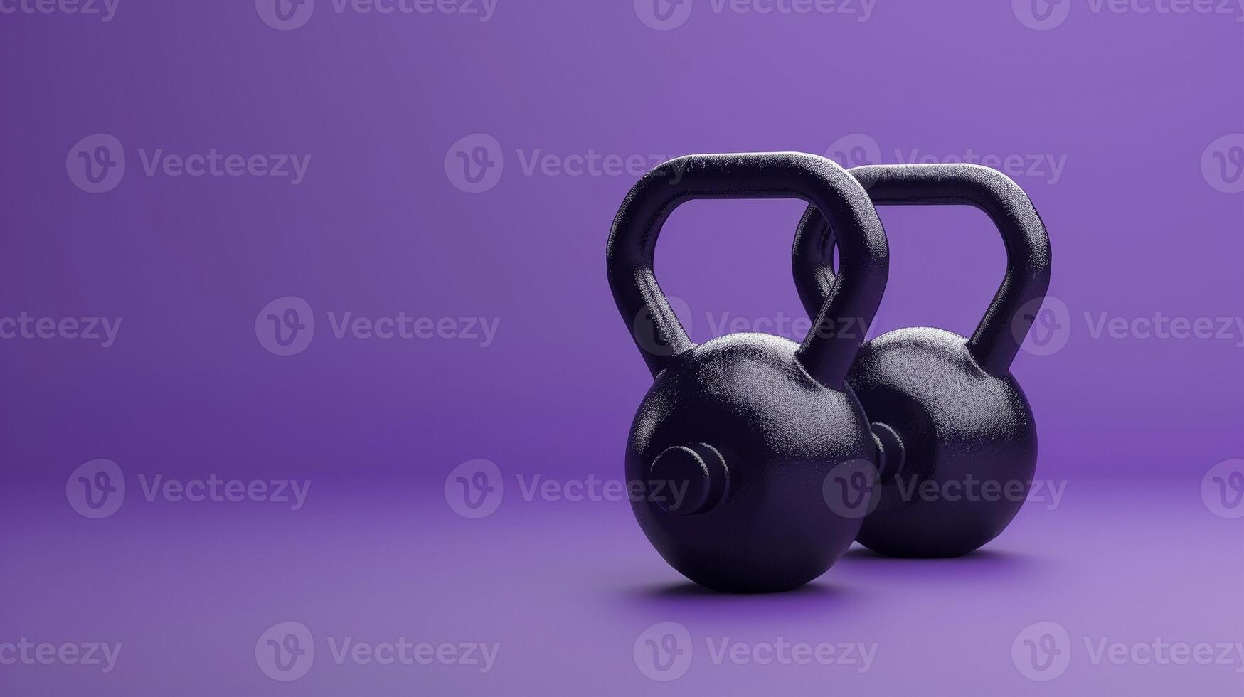 Kettlebells pair on purple background image copy space, . Weightlifting sports inventory in gym banner background blurred. Strong body and healthy life concept photography copyspace photo