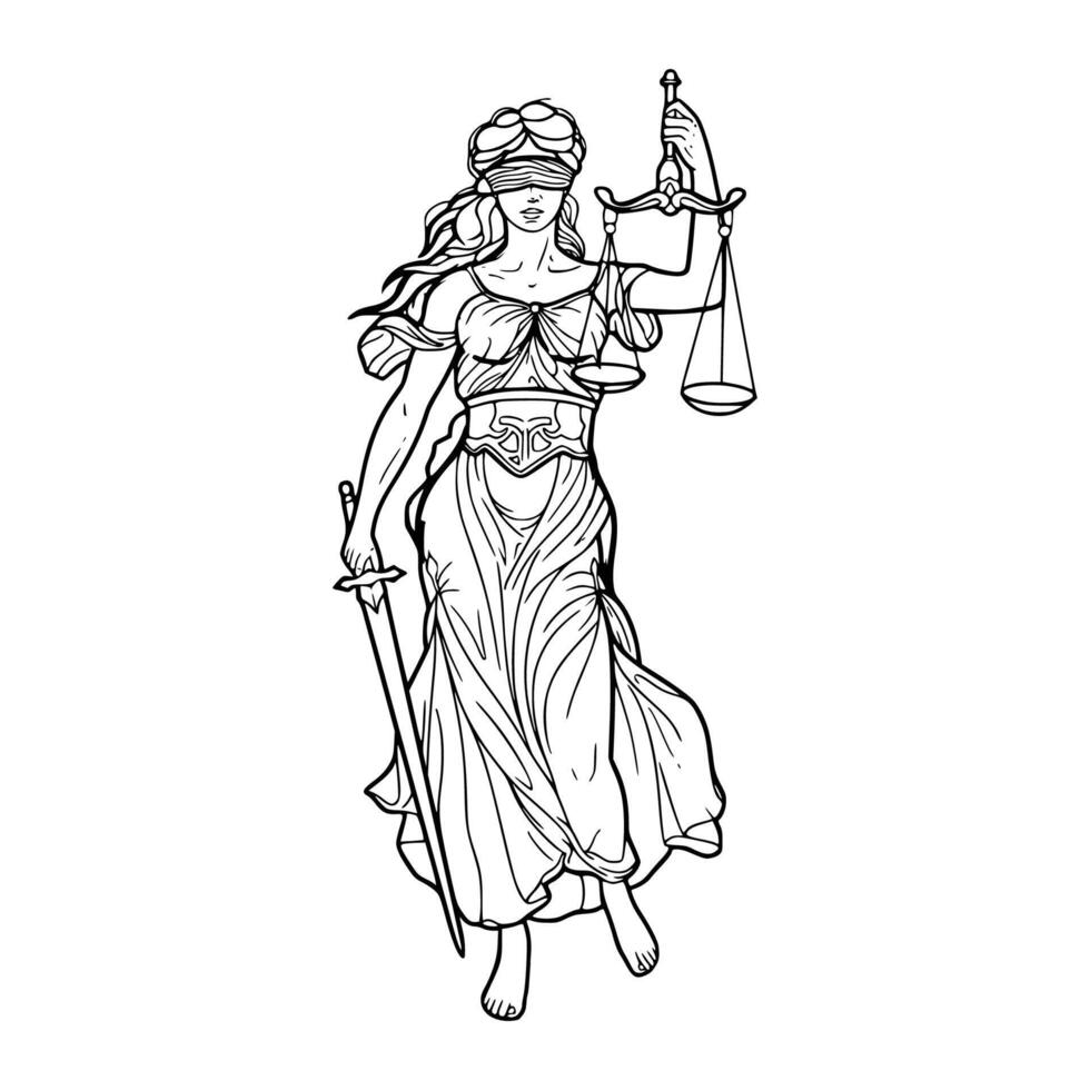 A coloring page of lady justice holding a sword vector