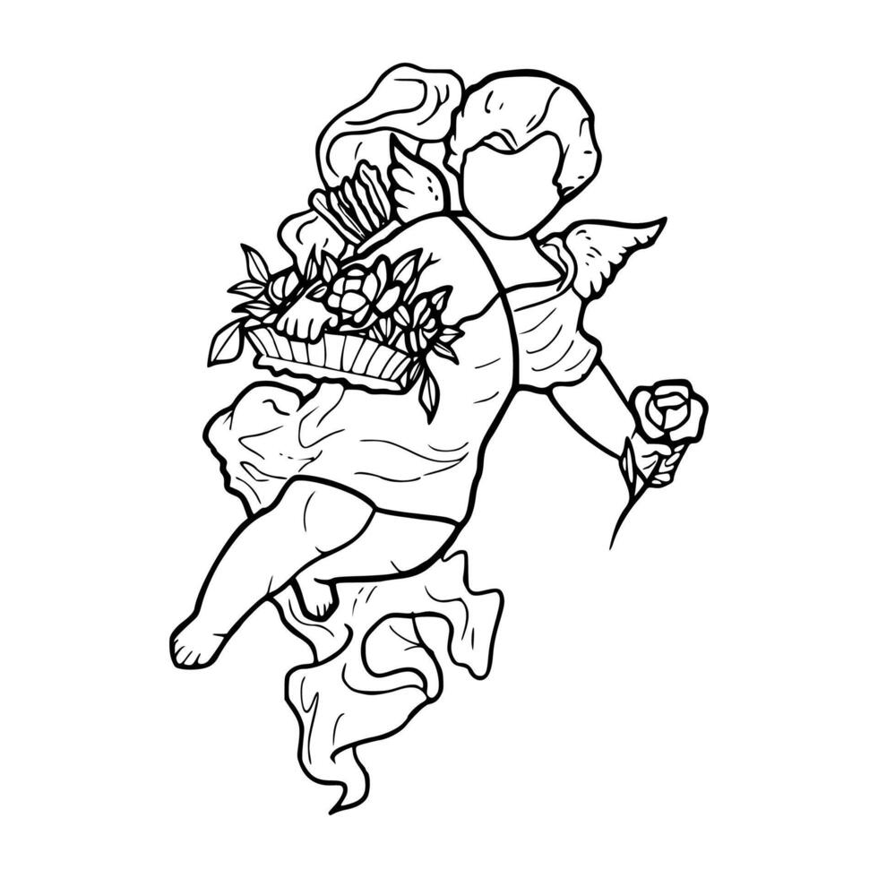 A coloring page with a cartoon angel holding flowers vector