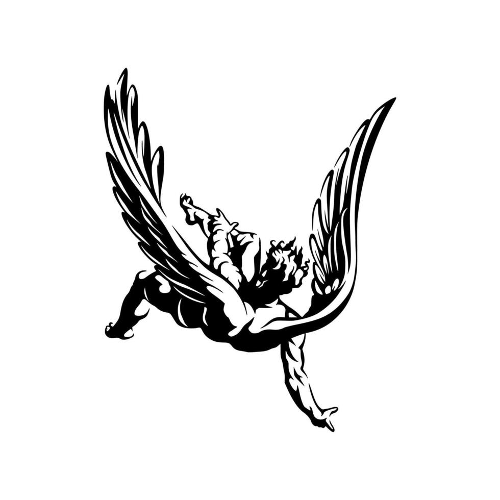 A black and white drawing of a flying angel vector