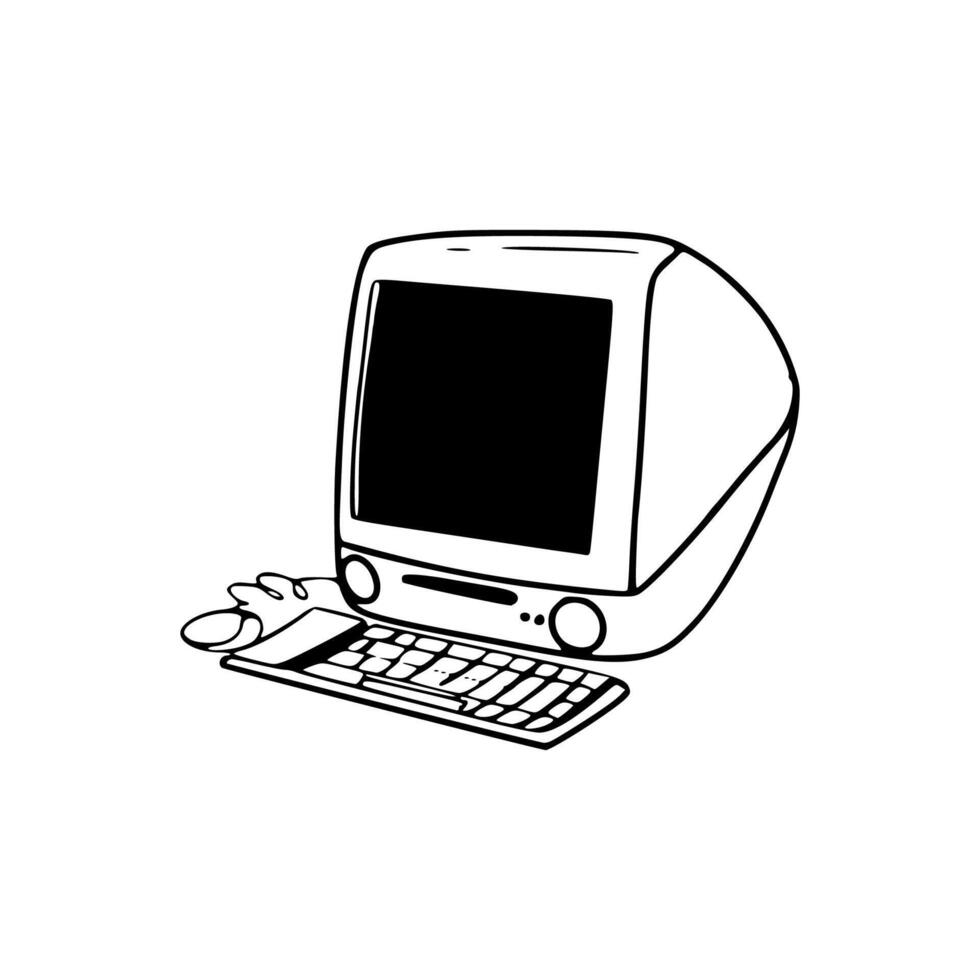 A black and white drawing of a computer and keyboard vector
