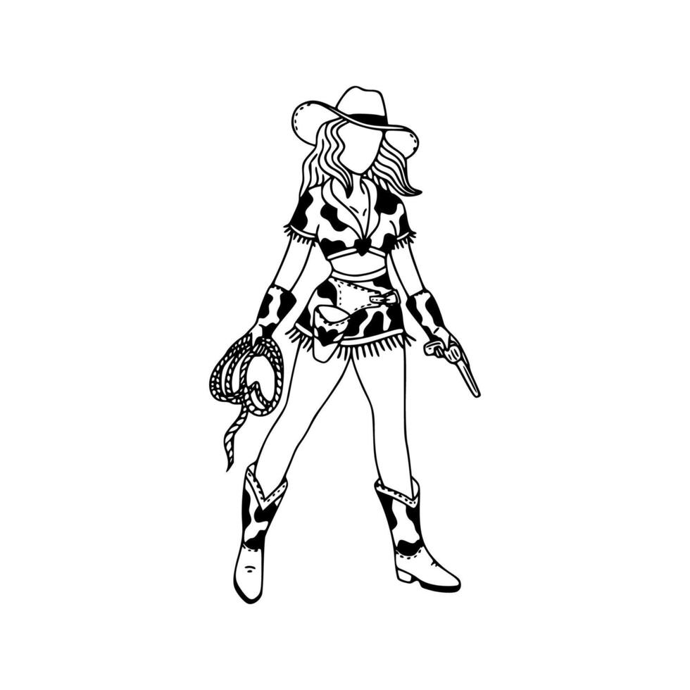 A drawing of a woman in cowboy clothes holding a rope vector