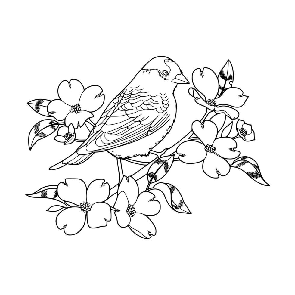 A bird sitting on a branch with flowers coloring page vector