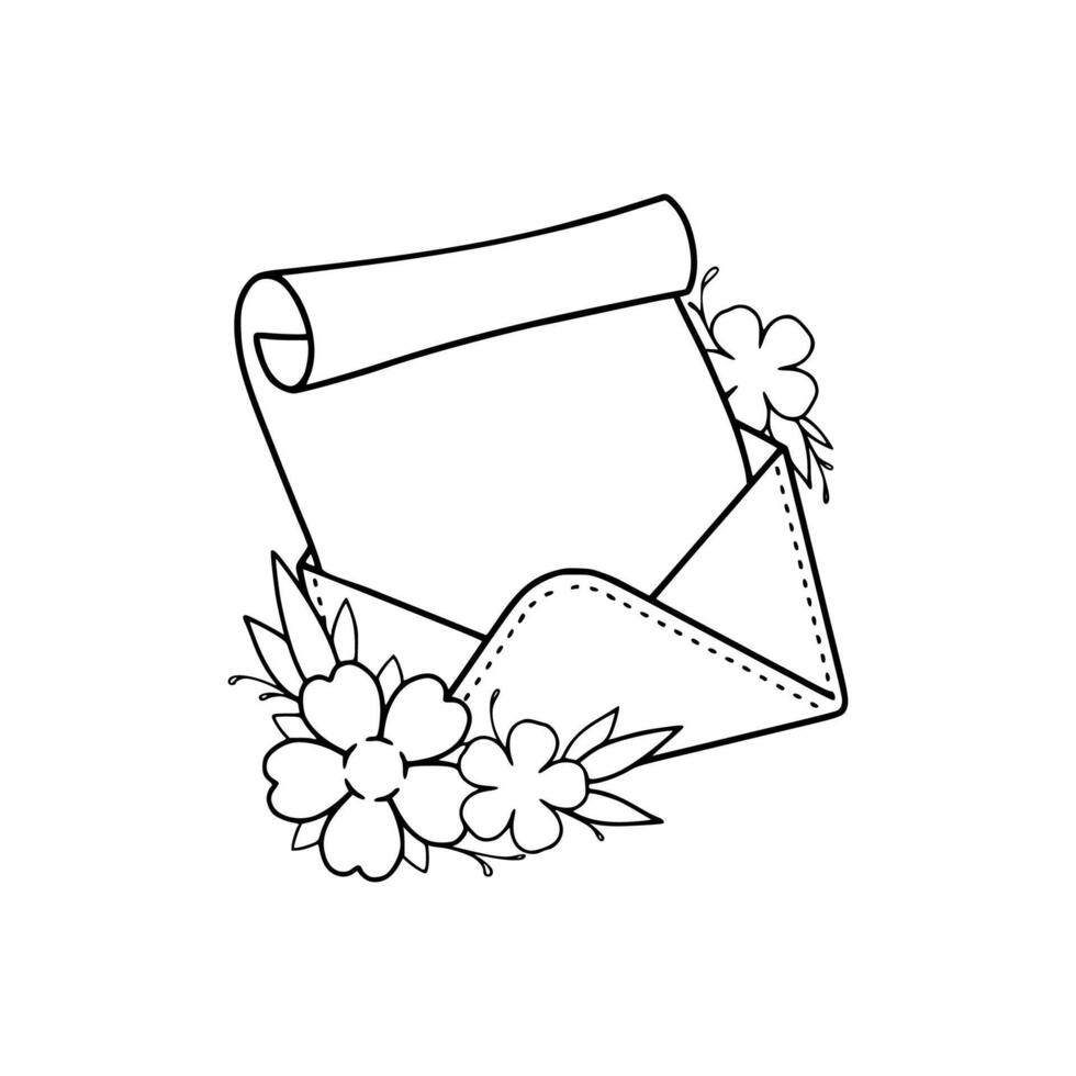 A black and white drawing of a letter with flowers vector