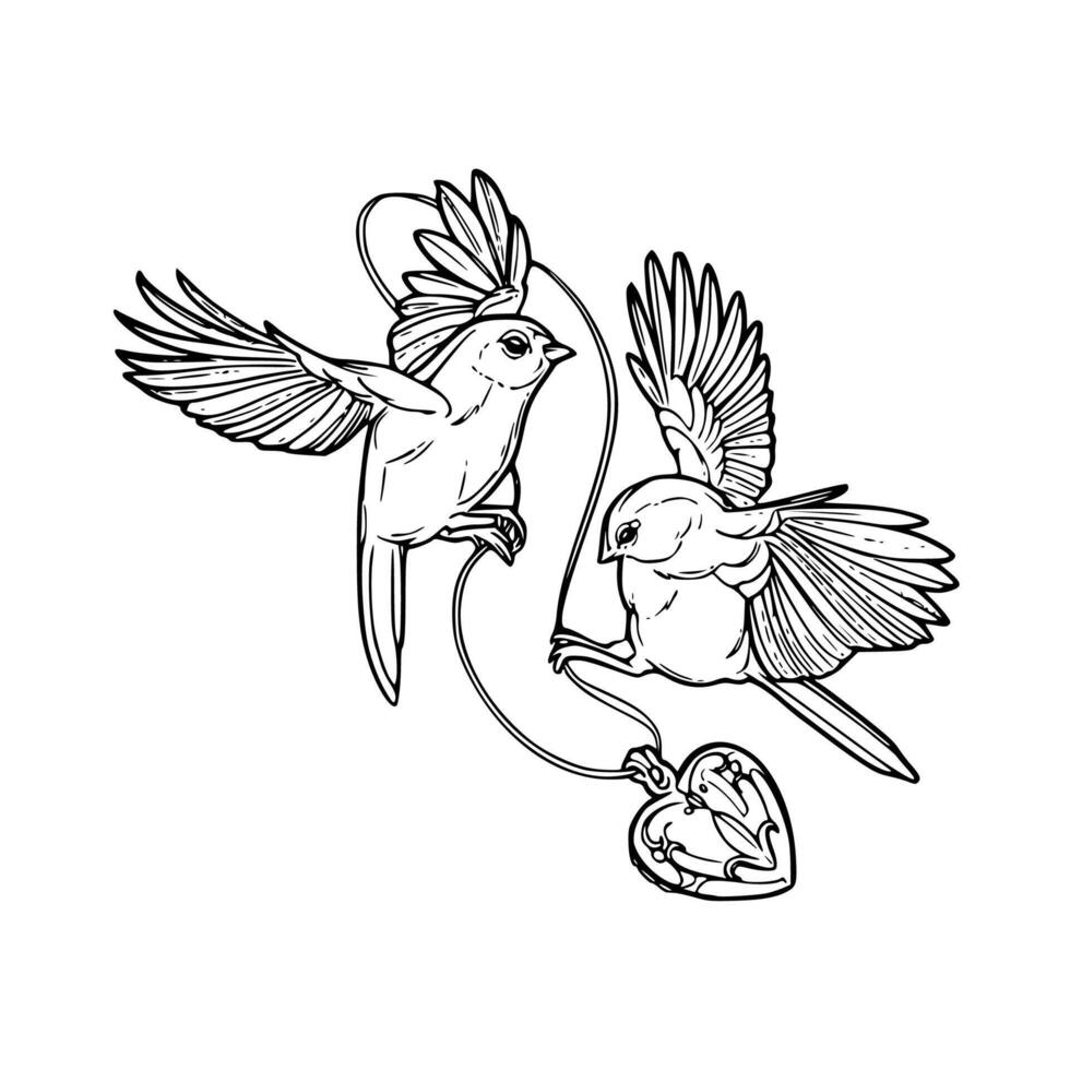 Two birds with hearts on their backs coloring page vector