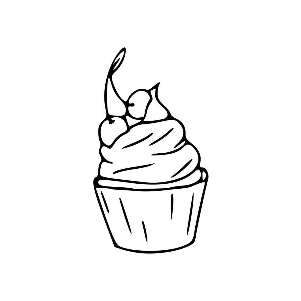 A black and white drawing of a cupcake vector