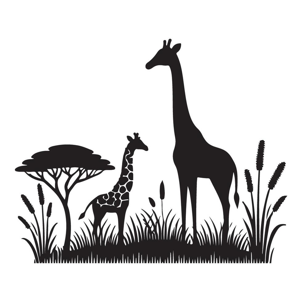 Mother and Baby Giraffe Silhouette in African Grassland vector