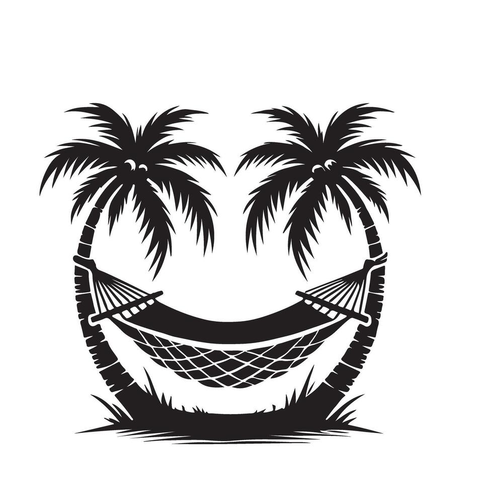 Serene Hammock Silhouette with Two Graceful Palm Trees vector